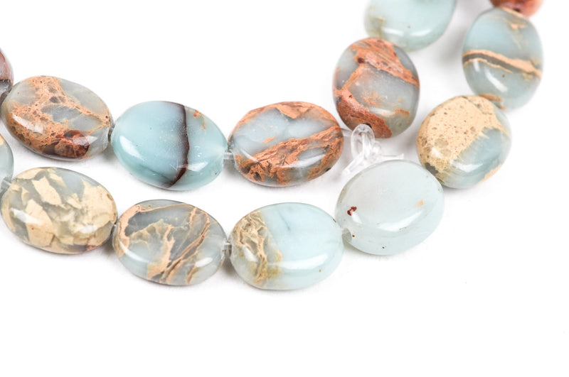 AQUA TERRA JASPER 10x8mm Flat Oval Gemstone Beads, natural, blue green, tan, full strand gja0021