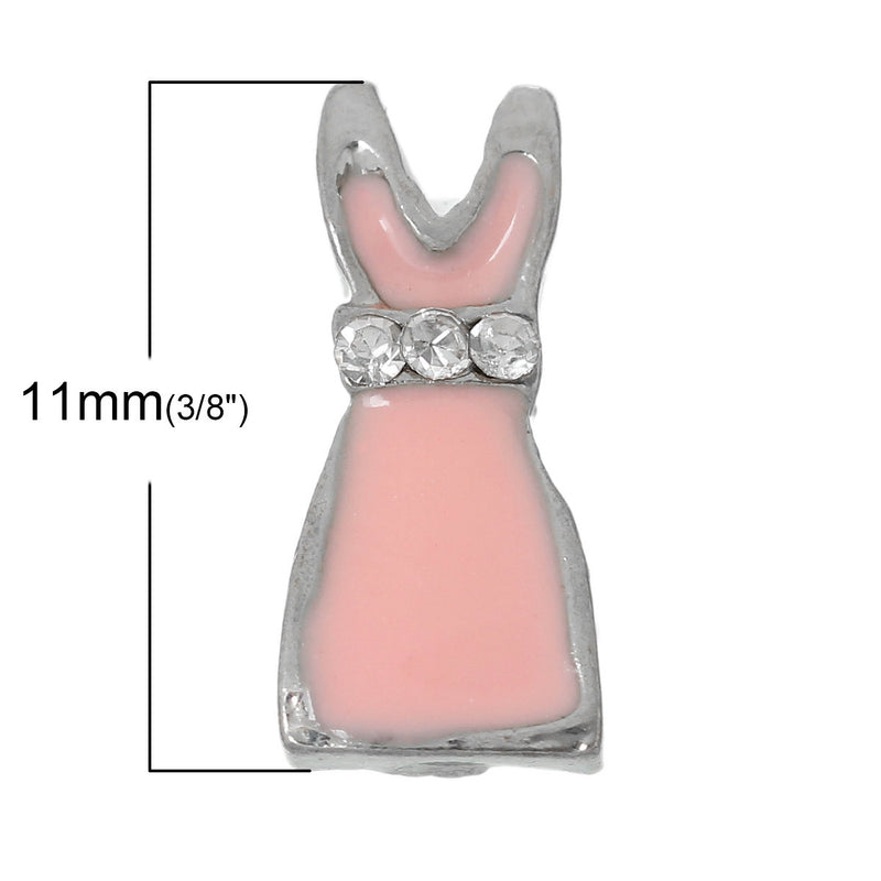 4 LITTLE PINK Dress Floating Charms for Memory Lockets, rhinestones and black enamel, che0419