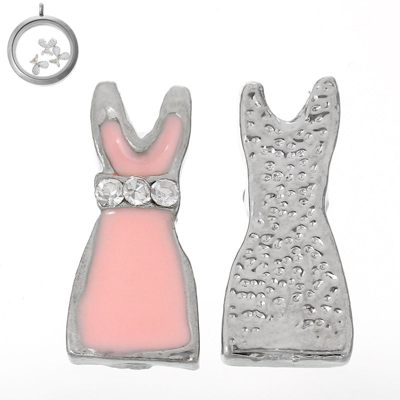 4 LITTLE PINK Dress Floating Charms for Memory Lockets, rhinestones and black enamel, che0419