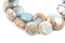 14mm AQUA TERRA JASPER Round Flat Coin Gemstone Beads, natural, blue green, tan, full strand gja0016