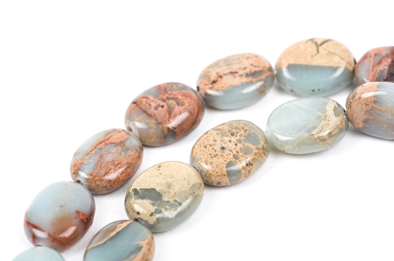 AQUA TERRA JASPER 10x8mm Flat Oval Gemstone Beads, natural, blue green, tan, full strand gja0021