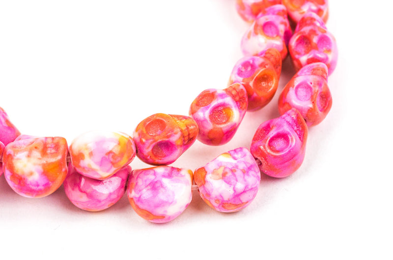 Howlite Beads, SKULL, 10mm x 8mm, marble pink orange white multicolor gemstone, full strand, how0335