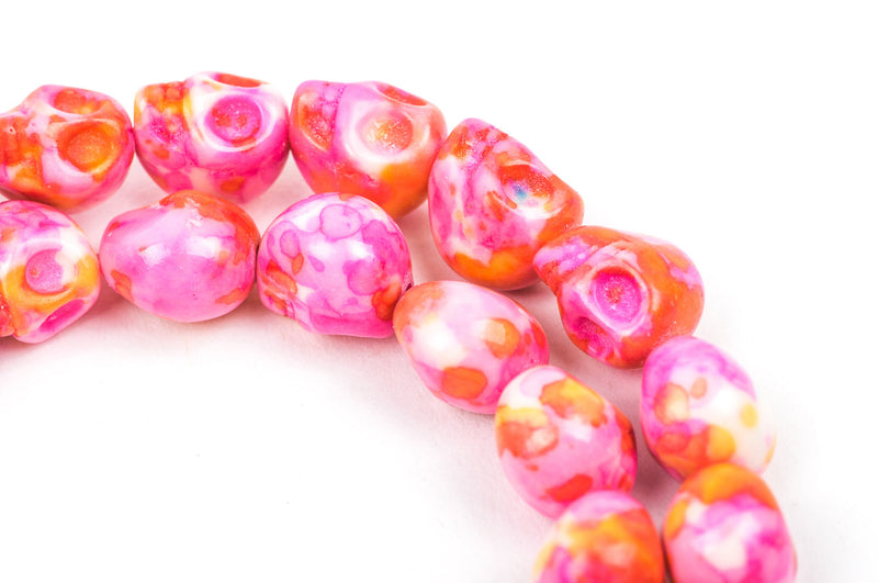 Howlite Beads, SKULL, 10mm x 8mm, marble pink orange white multicolor gemstone, full strand, how0335