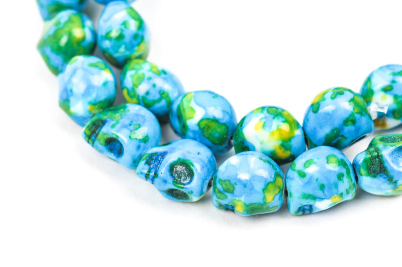 Howlite Beads, SKULL, 10mm x 8mm, marble blue green yellow white multicolor gemstone, full strand, how0331