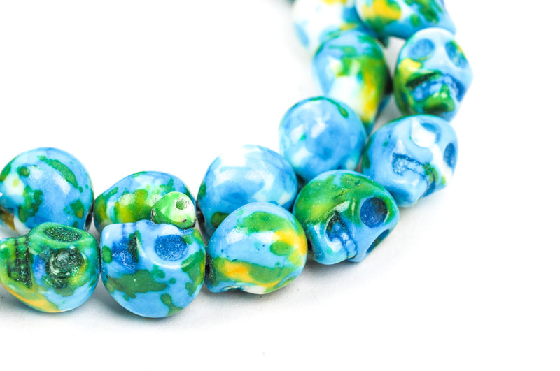 Howlite Beads, SKULL, 10mm x 8mm, marble blue green yellow white multicolor gemstone, full strand, how0331