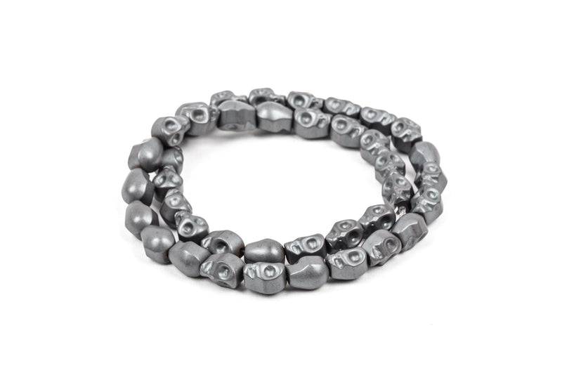 Matte Dark Silver GREY HEMATITE SKULL Beads, Titanium coated carved gemstone, 1 strand, 10x8mm ghe0046