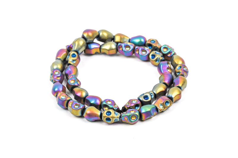 Matte RAINBOW HEMATITE SKULL Beads, Titanium coated carved gemstone, 1 strand, 10x8mm ghe0049