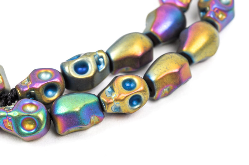 Matte RAINBOW HEMATITE SKULL Beads, Titanium coated carved gemstone, 1 strand, 10x8mm ghe0049