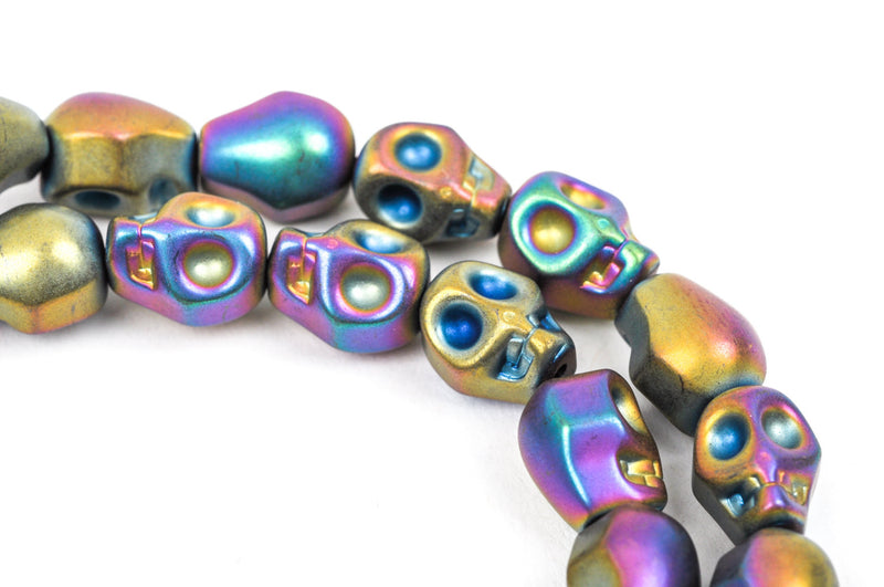 Matte RAINBOW HEMATITE SKULL Beads, Titanium coated carved gemstone, 1 strand, 10x8mm ghe0049