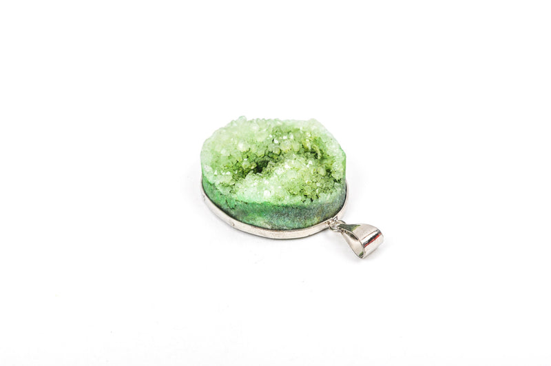 1 GREEN AGATE DRUZY Gemstone Pendant, Silver Bezel, 1-1/4" to 1-3/4" long  gdz0044