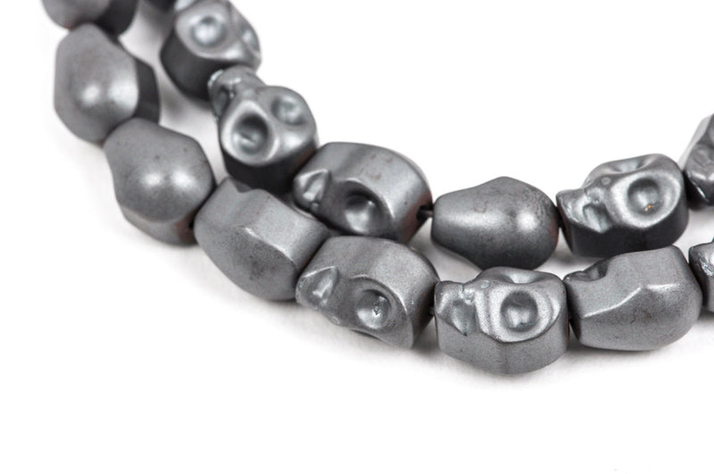 Matte Dark Silver GREY HEMATITE SKULL Beads, Titanium coated carved gemstone, 1 strand, 10x8mm ghe0046