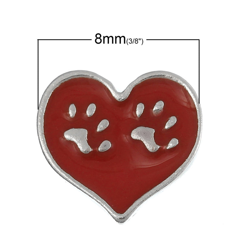 4 RED PAW PRINT Heart Floating Charms for Memory Lockets, enamel, silver tone metal, che0427