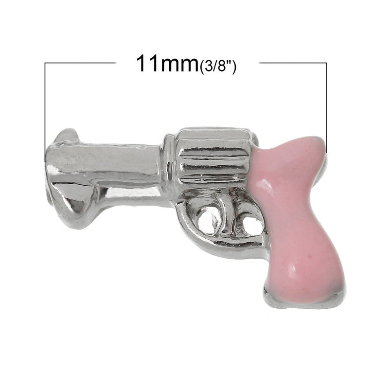 4 Pink GUN Handgun Floating Charms for Memory Lockets, enamel, silver tone metal, che0428