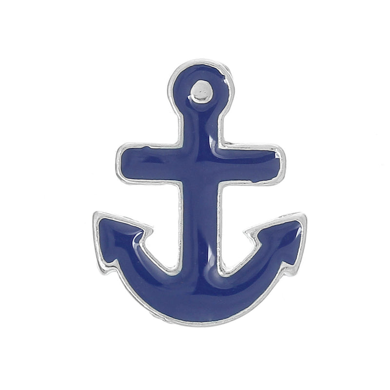 4 Blue ANCHOR Nautical Floating Charms for Memory Lockets, enamel, silver tone metal, che0430