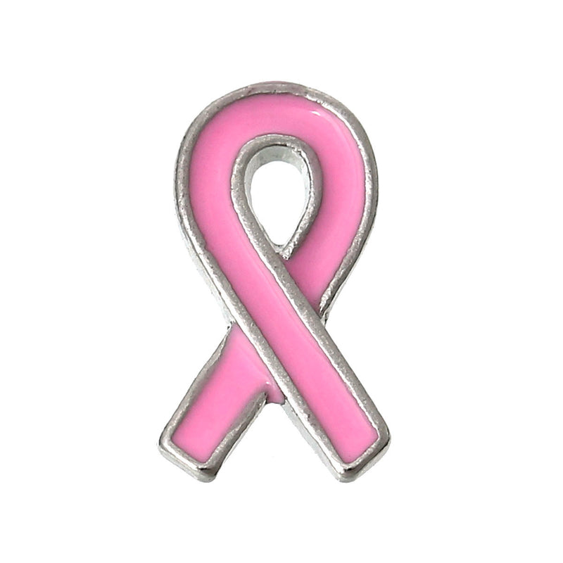 4 PINK AWARENESS RIBBON Breast Cancer Floating Charms for Memory Lockets, enamel, silver tone metal, che0431