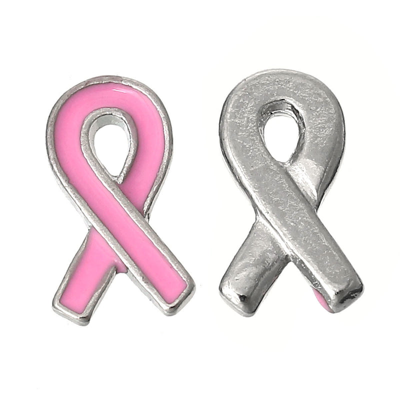 4 PINK AWARENESS RIBBON Breast Cancer Floating Charms for Memory Lockets, enamel, silver tone metal, che0431