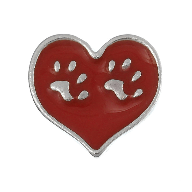 4 RED PAW PRINT Heart Floating Charms for Memory Lockets, enamel, silver tone metal, che0427