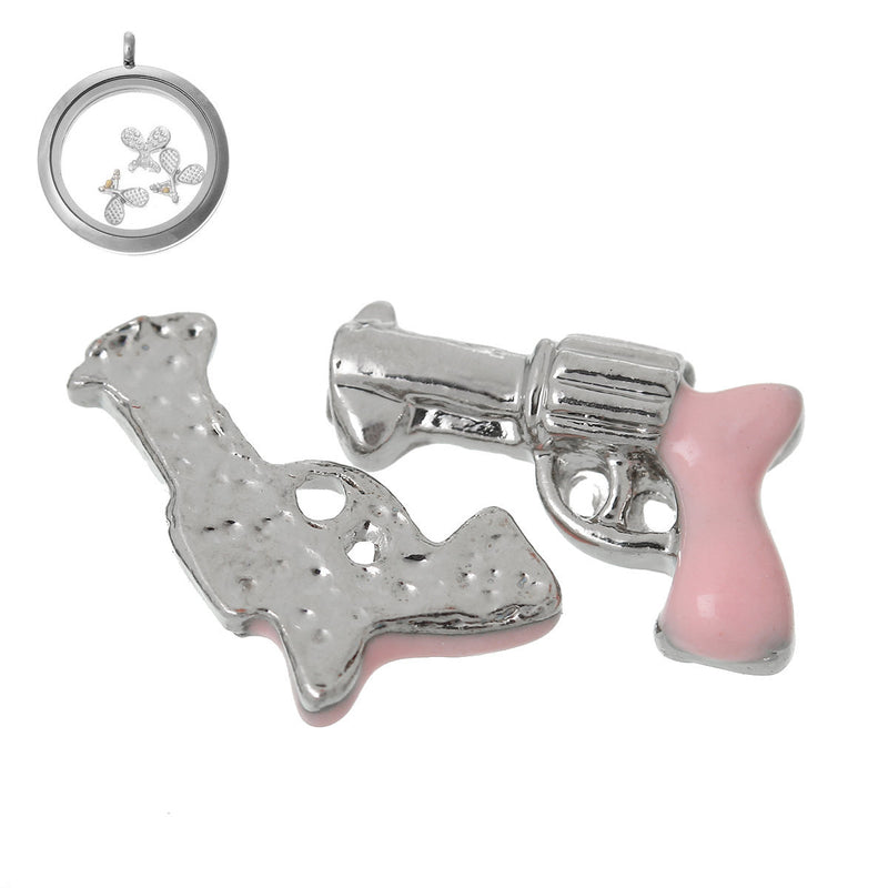 4 Pink GUN Handgun Floating Charms for Memory Lockets, enamel, silver tone metal, che0428