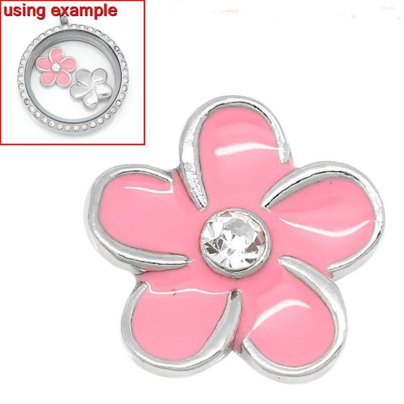 4 Pink Rhinestone FLOWER Floating Charms for Memory Lockets, enamel, silver tone metal, che0445