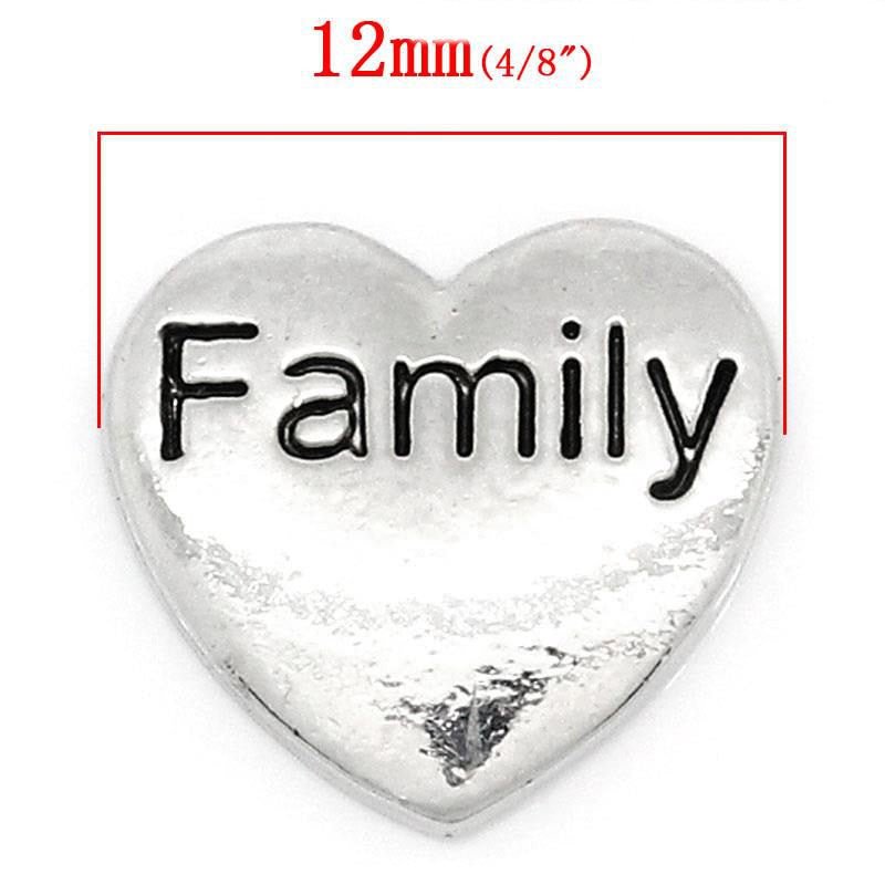 4 Silver FAMILY Heart Floating Charms for Memory Lockets, silver tone metal, chs1628