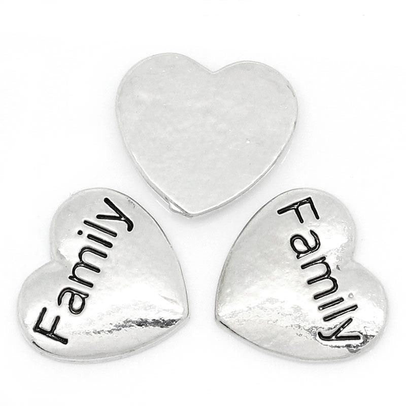 4 Silver FAMILY Heart Floating Charms for Memory Lockets, silver tone metal, chs1628