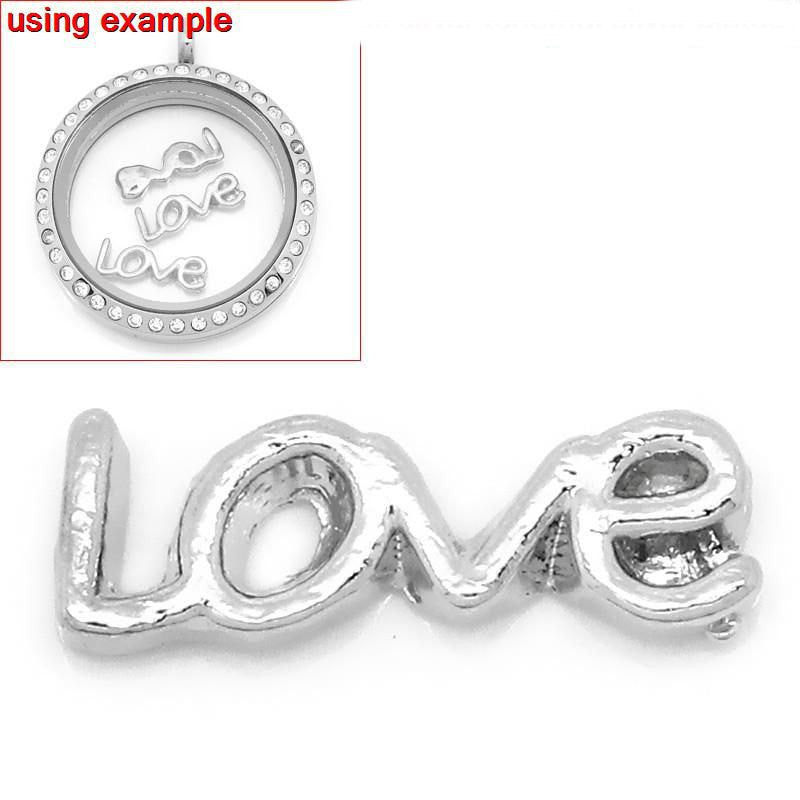 4 Silver LOVE Affirmation Word Floating Charms for Memory Lockets, silver tone metal, chs1633