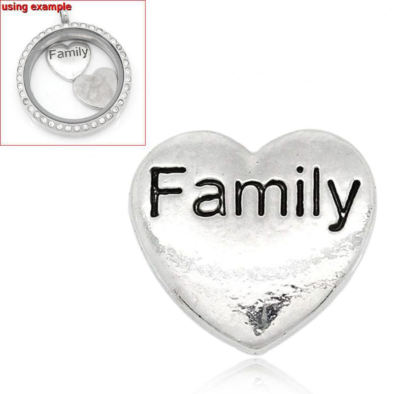 4 Silver FAMILY Heart Floating Charms for Memory Lockets, silver tone metal, chs1628