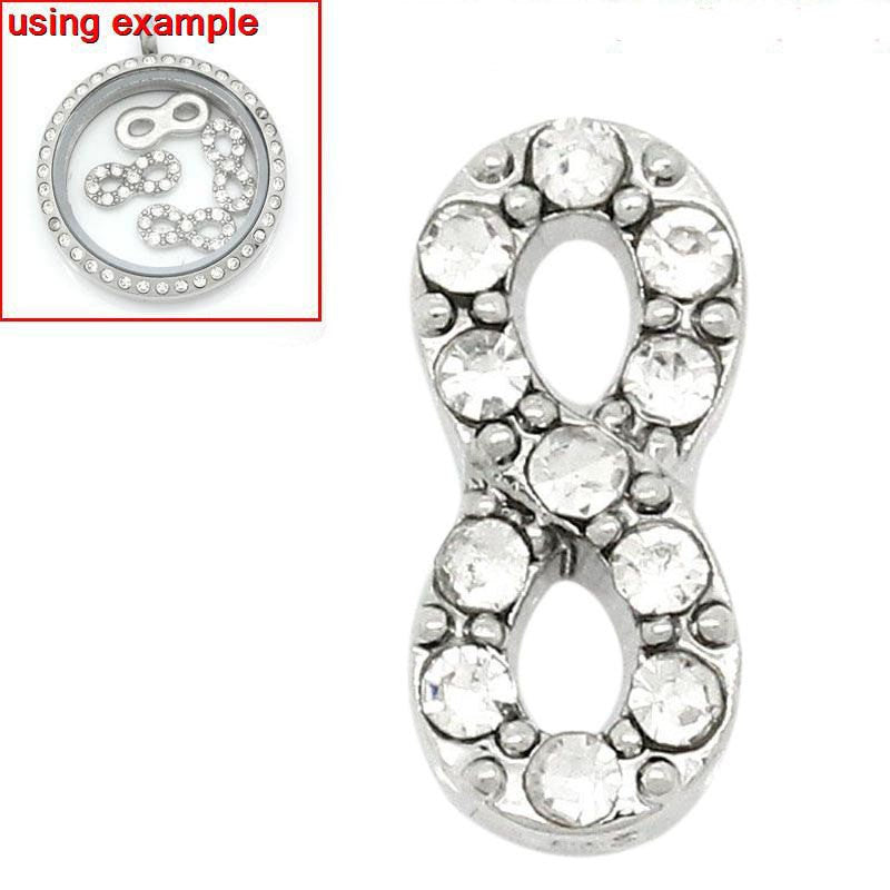 4 Silver INFINITY Symbol Rhinestone Floating Charms for Memory Lockets, silver tone metal, crystals, chs1637