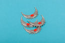 2 Crescent Moon Bib Pendants with fancy scroll design, RED enamel, charm holder  chs1649