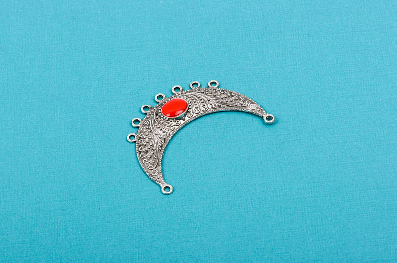 2 Crescent Moon Bib Pendants with fancy scroll design, RED enamel, charm holder  chs1649