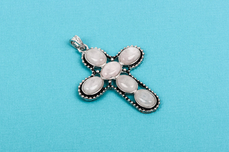 1 Rose Quartz Silver Cross Pendant, large oval gemstone cabochons set in oxidized silver bezel setting, 3" long  cgm0040