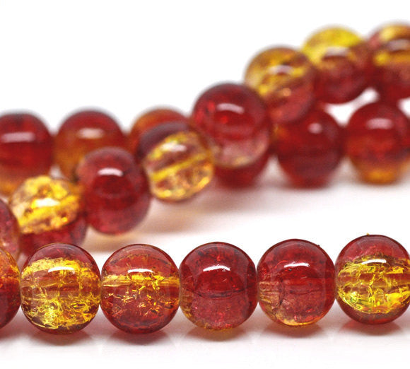 RED and YELLOW Crackle Glass Round Beads 6mm, 32" strand . about 133 beads bgl1014