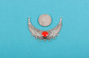2 Crescent Moon Bib Pendants with fancy scroll design, RED enamel, charm holder  chs1649