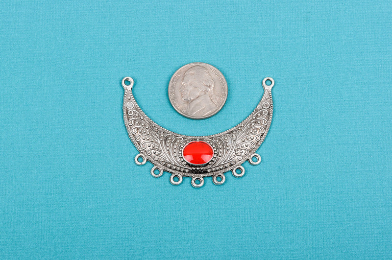2 Crescent Moon Bib Pendants with fancy scroll design, RED enamel, charm holder  chs1649