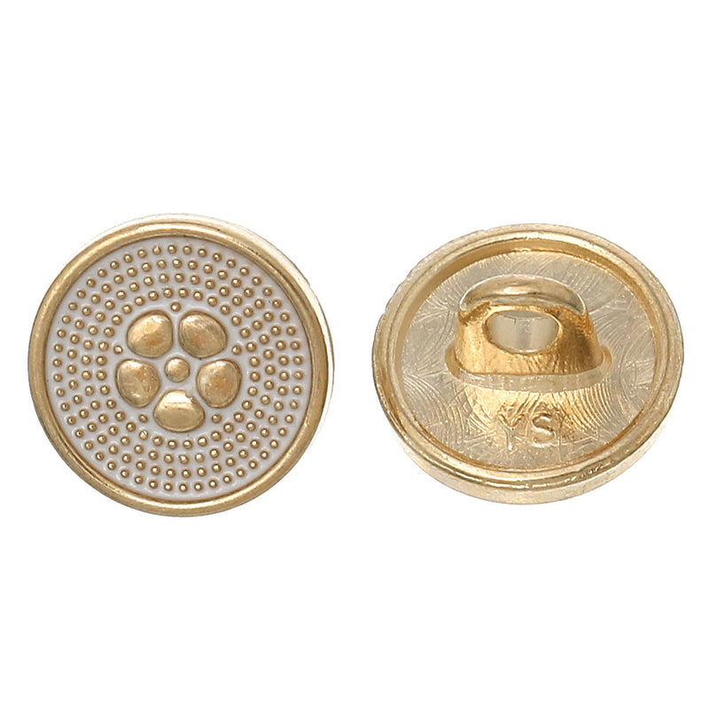 10 FLOWER Shank Buttons, gold plated over copper, white enamel, 10mm, 3/8" diameter but0213