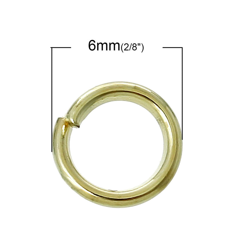 1000 Gold Plated open jump rings, 6mm OD, 4mm ID, 18 gauge wire, jum0103b
