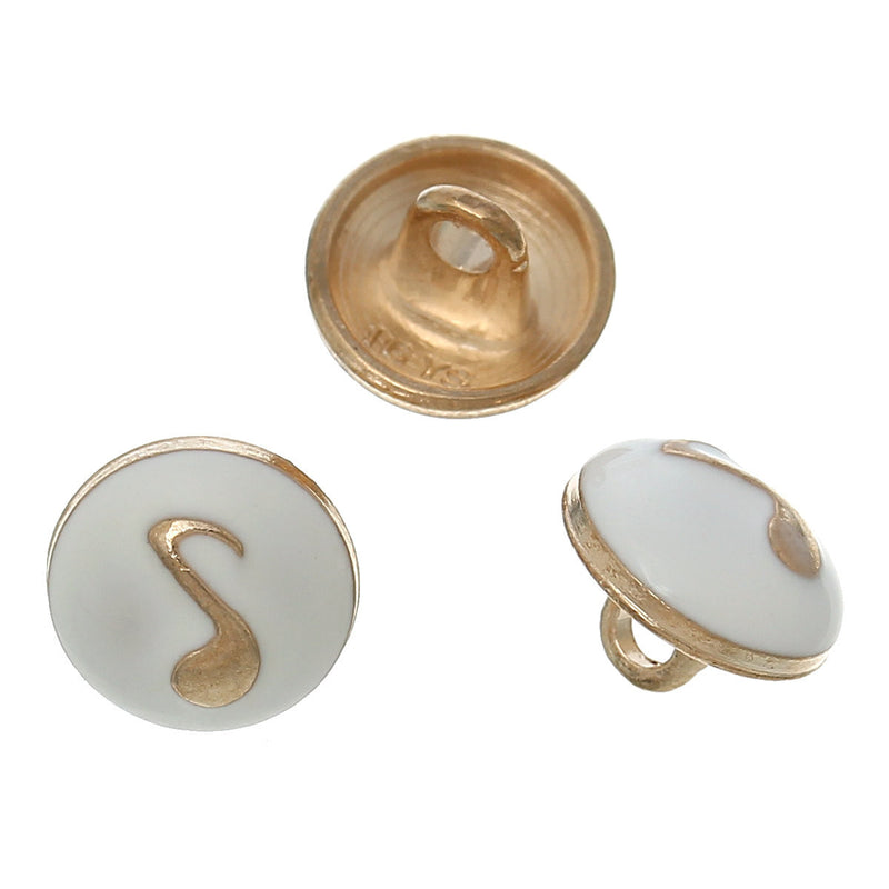 10 MUSIC NOTE Shank Buttons, gold plated over copper, white enamel, 10mm, 3/8" diameter but0212
