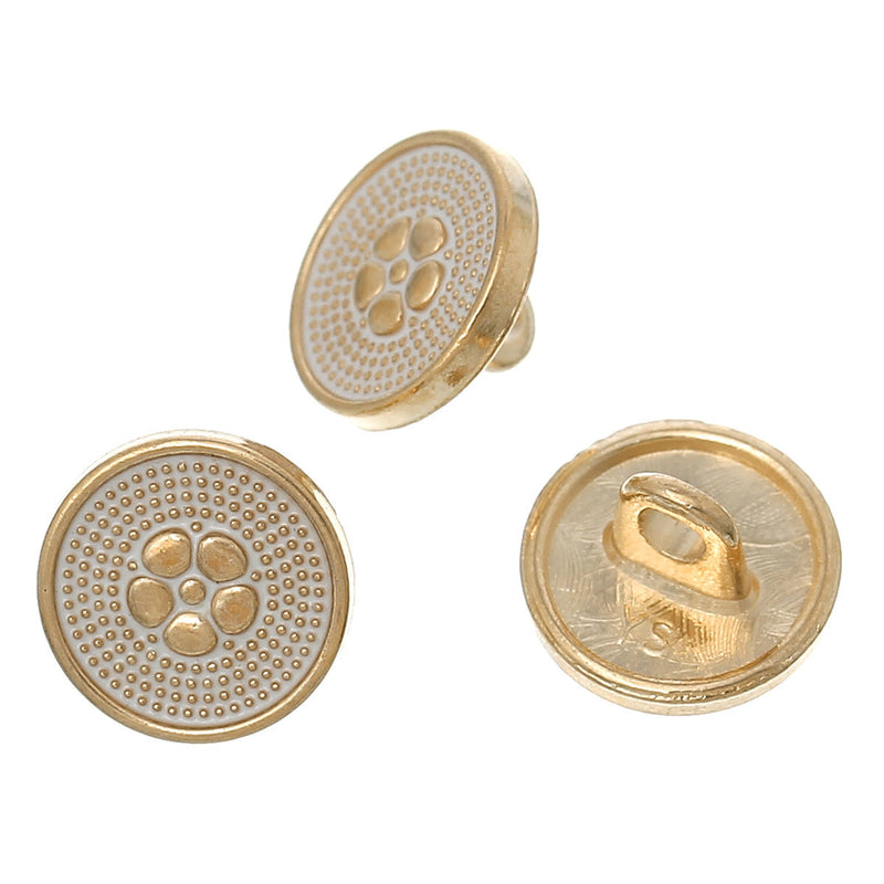 10 FLOWER Shank Buttons, gold plated over copper, white enamel, 10mm, 3/8" diameter but0213