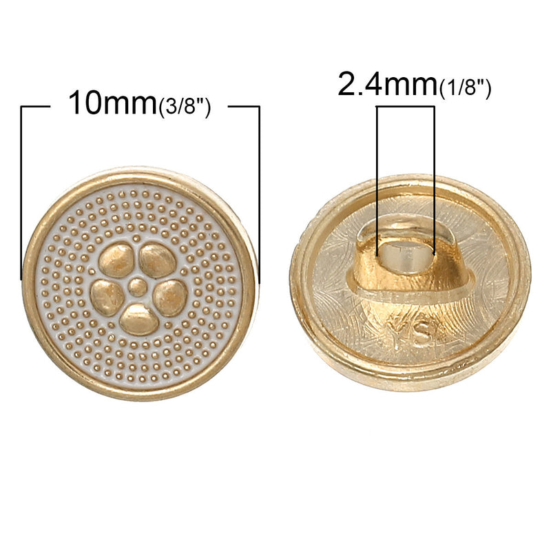 10 FLOWER Shank Buttons, gold plated over copper, white enamel, 10mm, 3/8" diameter but0213