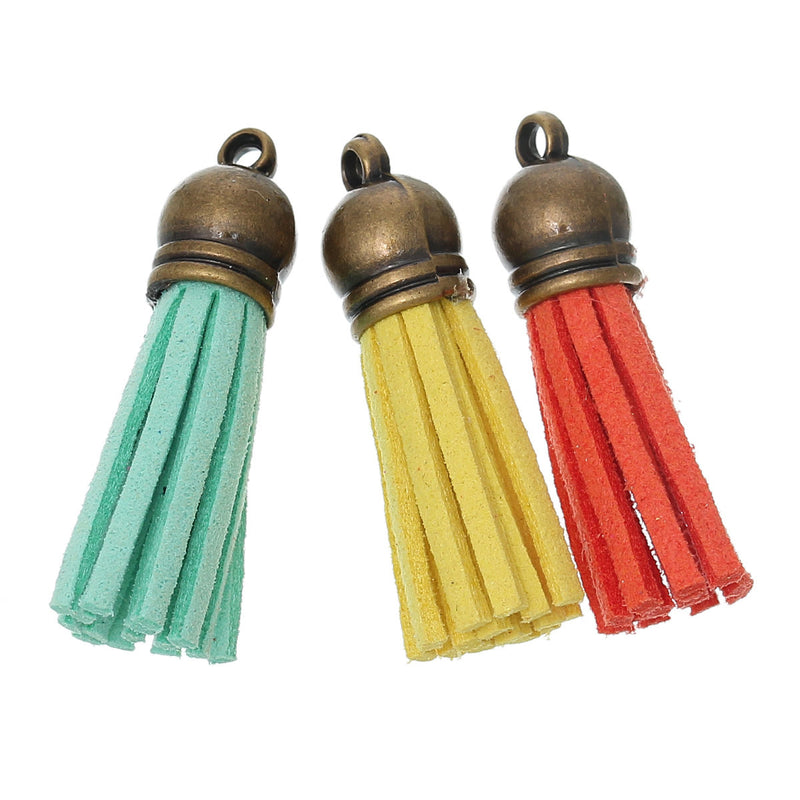 30 Suede Tassels with antiqued bronze topper, 1-1/2" long pink brown orange mint green yellow, cho0102