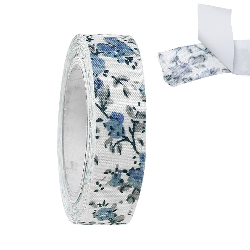 5/8" Blue and Grey Floral Pattern Sticky Fabric Tape adhesive on back, 4 meter roll  adh0018