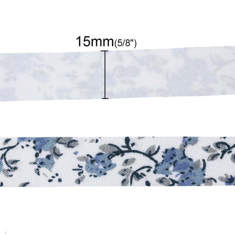 5/8" Blue and Grey Floral Pattern Sticky Fabric Tape adhesive on back, 4 meter roll  adh0018