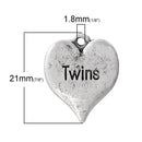 8 Silver Oxidized TWINS Heart Stamped Charm Pendants, 3/4"  chs1664