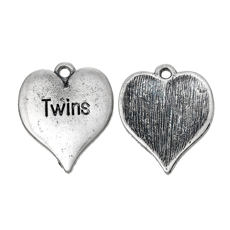 8 Silver Oxidized TWINS Heart Stamped Charm Pendants, 3/4"  chs1664