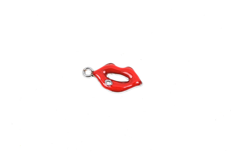 4 KISS LIPS Charm Pendants, red enamel with rhinestone, 1" long  che0453