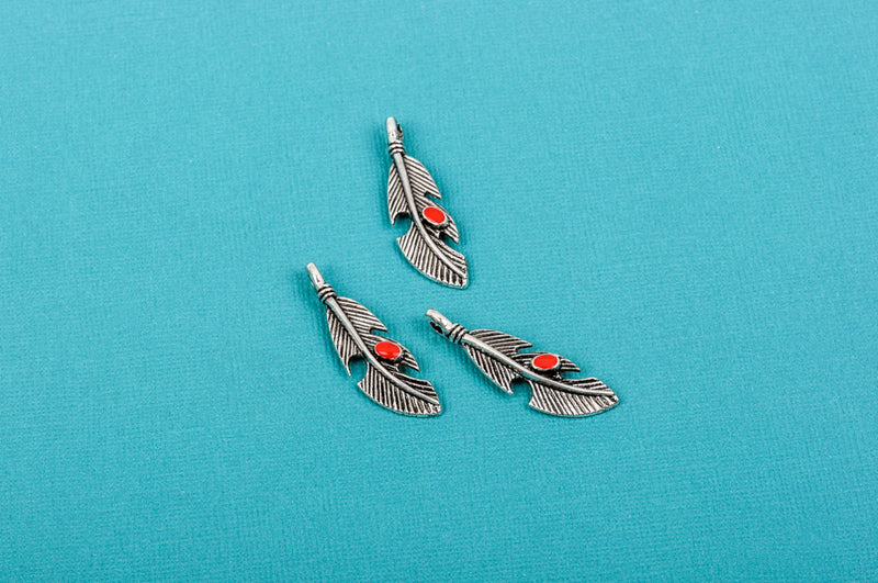 4 Silver FEATHER Charm Pendants, red enamel accent, 1.5" long  che0455