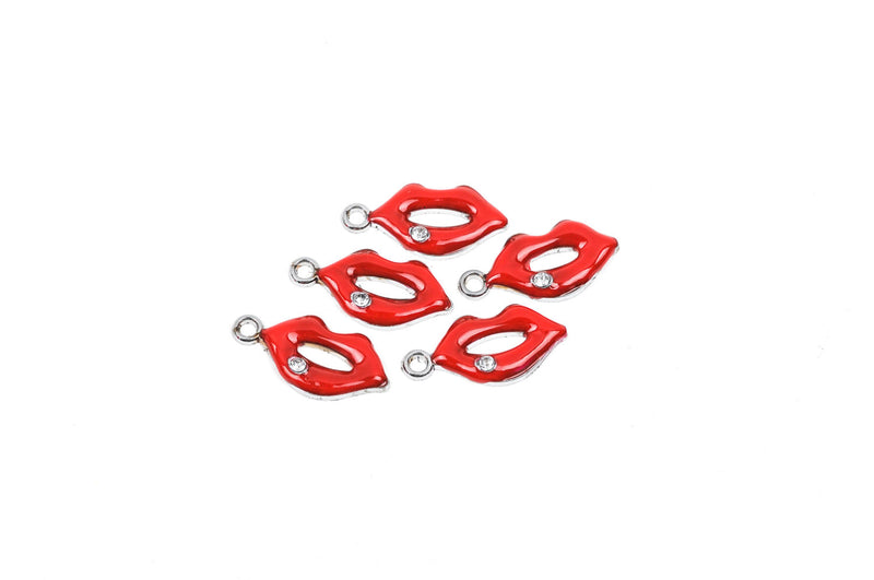 4 KISS LIPS Charm Pendants, red enamel with rhinestone, 1" long  che0453