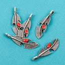 4 Silver FEATHER Charm Pendants, red enamel accent, 1.5" long  che0455
