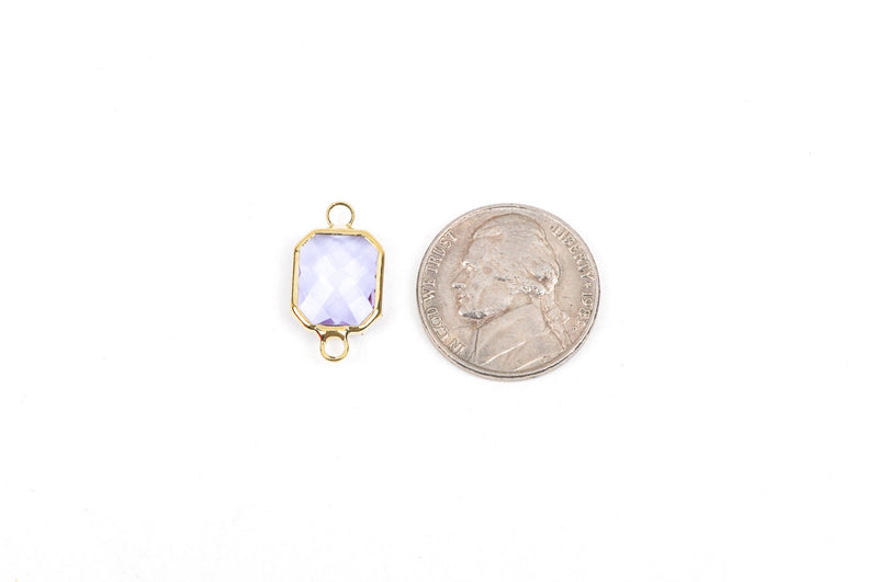 1 Rectangle Gold Brass Connector Link Charm, faceted LIGHT TANZANITE Glass, 18x11mm, 3/4" long June birthstone, chg0190