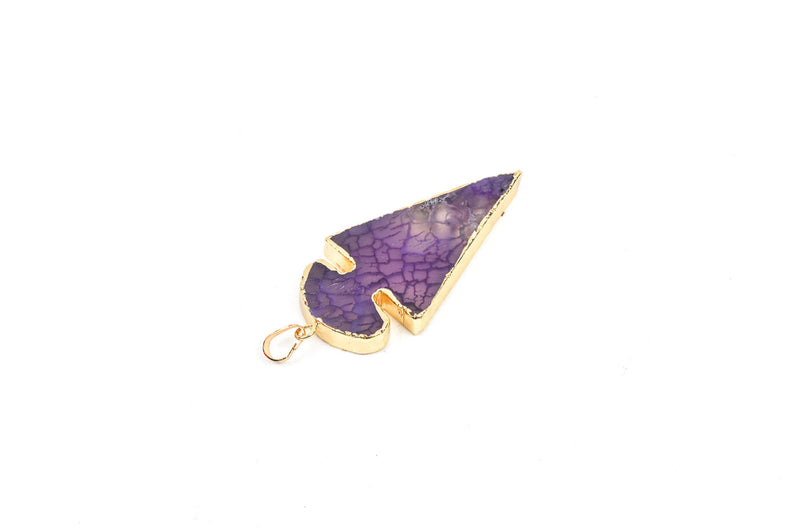 1 Grape Purple ARROWHEAD AGATE Gemstone Pendant, Gold Plated Bezel, 2-1/4" long  cgm0045